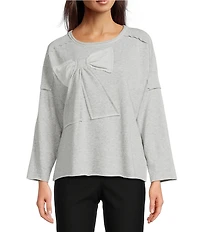 Ali Miles Knit Raw Edge Bow Detail Crew Neck Dolman Long Sleeve Top