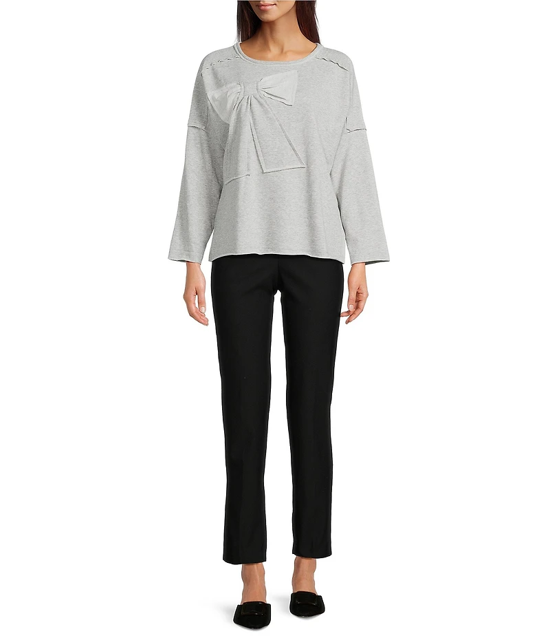 Ali Miles Knit Raw Edge Bow Detail Crew Neck Dolman Long Sleeve Top