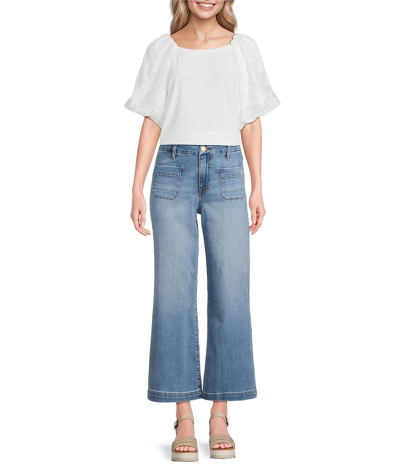 Ali Miles Knit Round Neck Elbow Length Jacquard Floral Raglan Sleeve Pullover Top