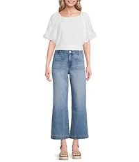 Ali Miles Knit Round Neck Elbow Length Jacquard Floral Raglan Sleeve Pullover Top