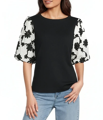 Ali Miles Knit Soutache Embroidery Round Neck Elbow Length Sleeve Pullover Top