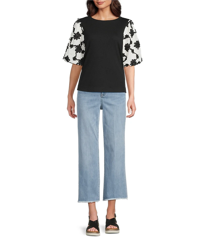 Ali Miles Knit Soutache Embroidery Round Neck Elbow Length Sleeve Pullover Top