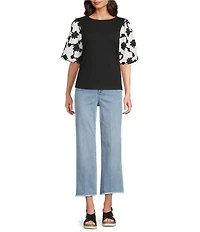 Ali Miles Knit Soutache Embroidery Round Neck Elbow Length Sleeve Pullover Top