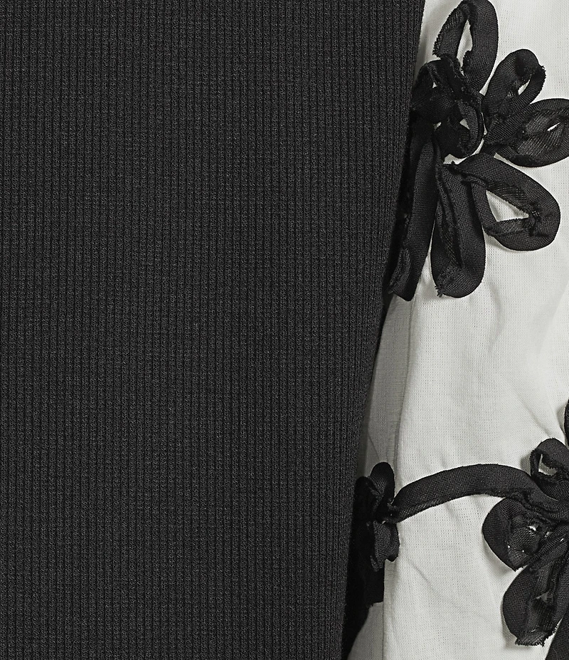 Ali Miles Knit Soutache Embroidery Round Neck Elbow Length Sleeve Pullover Top