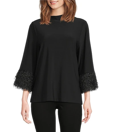 Ali Miles Knit Stand Collar 3/4 Sleeve Fringe Cuff Pullover Tunic