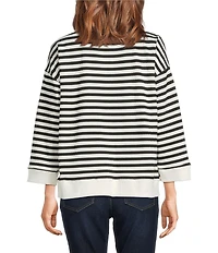 Ali Miles Knit Stripped Satin Ribbon Detail Crew Neck Long Sleeve Pullover Sweater
