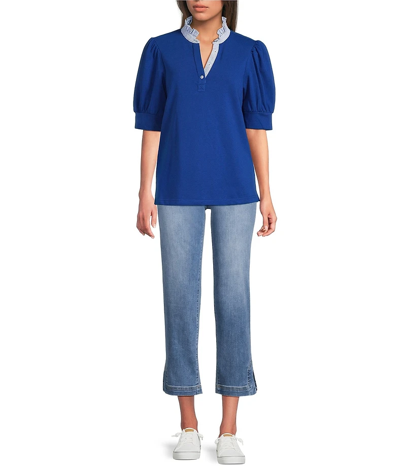 Ali Miles Knit Stripped Stand Ruffle Collar Short Bubble Sleeve Top