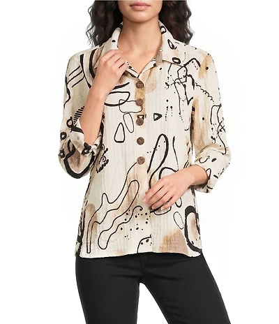 Ali Miles Knit Textured Abstract Print Point Collar 3/4 Sleeve Top