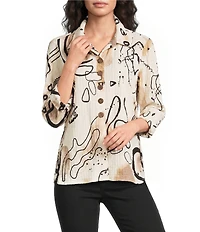 Ali Miles Knit Textured Abstract Print Point Collar 3/4 Sleeve Top