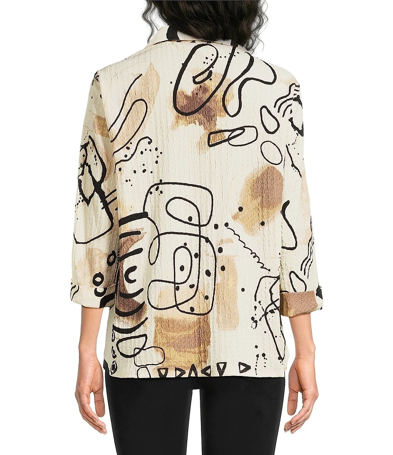 Ali Miles Knit Textured Abstract Print Point Collar 3/4 Sleeve Top