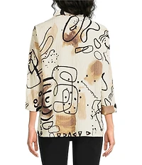 Ali Miles Knit Textured Abstract Print Point Collar 3/4 Sleeve Top