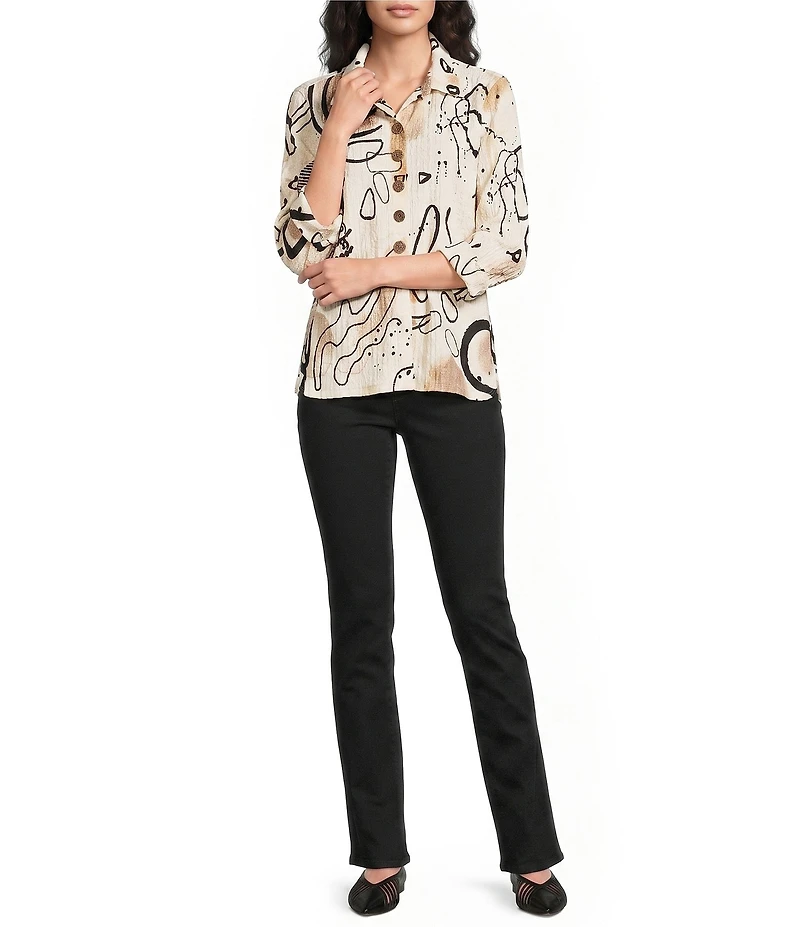 Ali Miles Knit Textured Abstract Print Point Collar 3/4 Sleeve Top