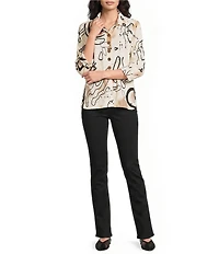 Ali Miles Knit Textured Abstract Print Point Collar 3/4 Sleeve Top