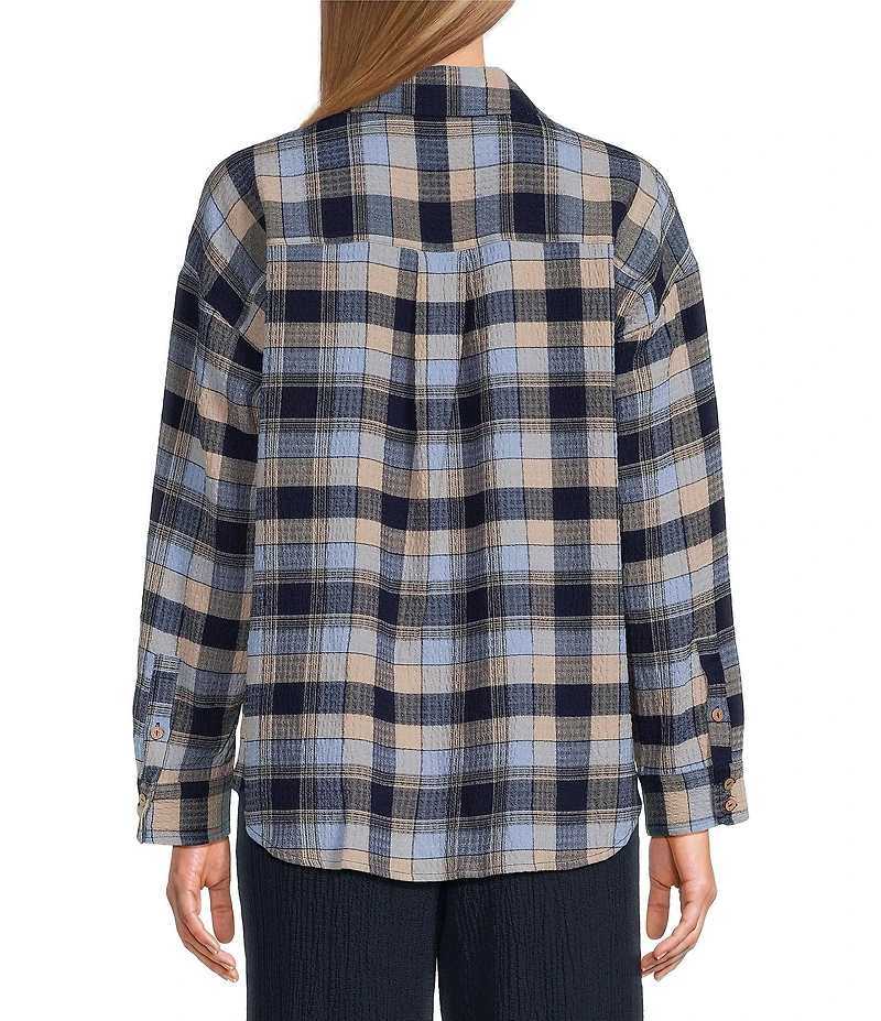 Ali Miles Knit Textured Mix Plaid Wire Collar 3/4 Sleeve Button Front Shirt