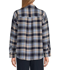 Ali Miles Knit Textured Mix Plaid Wire Collar 3/4 Sleeve Button Front Shirt