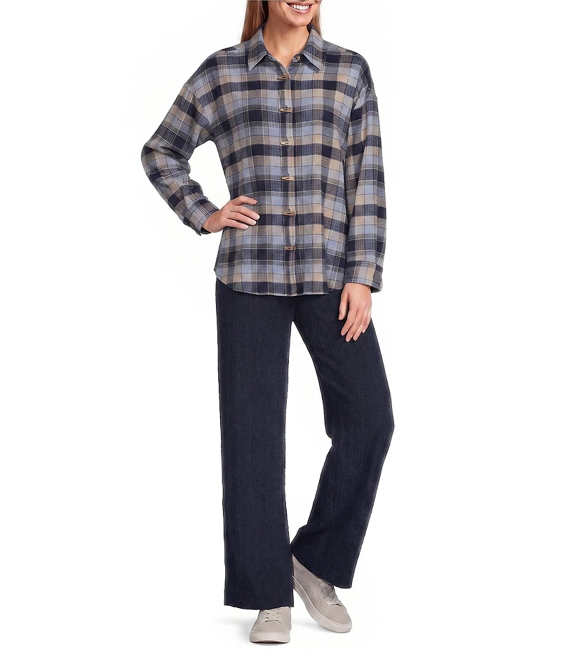 Ali Miles Knit Textured Mix Plaid Wire Collar 3/4 Sleeve Button Front Shirt