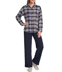 Ali Miles Knit Textured Mix Plaid Wire Collar 3/4 Sleeve Button Front Shirt