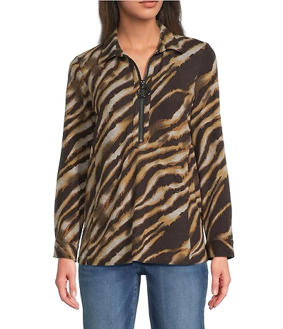 Ali Miles Knit Zebra Print Point Collar Long Roll-Tab Sleeve Quarter-Zip Tunic