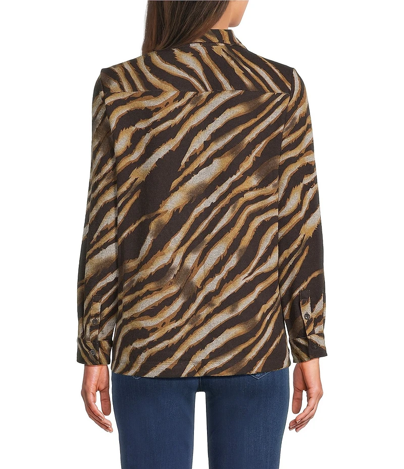 Ali Miles Knit Zebra Print Point Collar Long Roll-Tab Sleeve Quarter-Zip Tunic