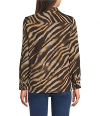 Ali Miles Knit Zebra Print Point Collar Long Roll-Tab Sleeve Quarter-Zip Tunic