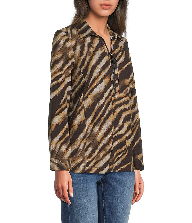 Ali Miles Knit Zebra Print Point Collar Long Roll-Tab Sleeve Quarter-Zip Tunic