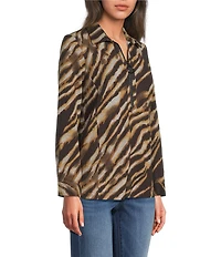 Ali Miles Knit Zebra Print Point Collar Long Roll-Tab Sleeve Quarter-Zip Tunic