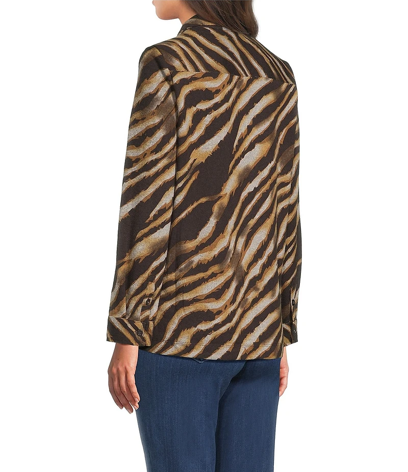Ali Miles Knit Zebra Print Point Collar Long Roll-Tab Sleeve Quarter-Zip Tunic