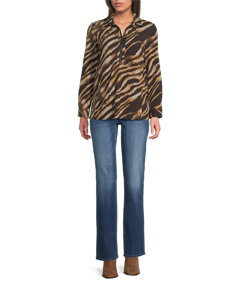 Ali Miles Knit Zebra Print Point Collar Long Roll-Tab Sleeve Quarter-Zip Tunic