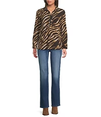 Ali Miles Knit Zebra Print Point Collar Long Roll-Tab Sleeve Quarter-Zip Tunic