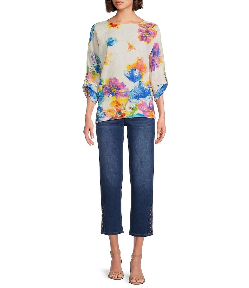 Ali Miles Linen Blend Multi Floral Round Neck High-Low Hem 3/4 Dolman Roll-Tab Sleeve Tunic