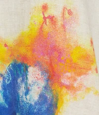 Ali Miles Linen Blend Multi Floral Round Neck High-Low Hem 3/4 Dolman Roll-Tab Sleeve Tunic