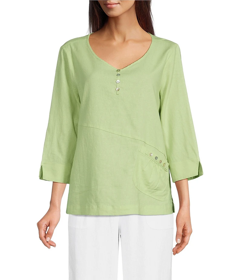 Ali Miles Linen-Blend Round Neck 3/4 Sleeve Top