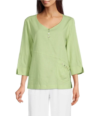 Ali Miles Linen-Blend Round Neck 3/4 Sleeve Top