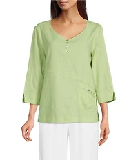 Ali Miles Linen-Blend Round Neck 3/4 Sleeve Top