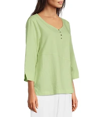 Ali Miles Linen-Blend Round Neck 3/4 Sleeve Top