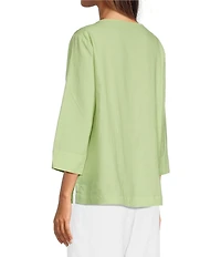 Ali Miles Linen-Blend Round Neck 3/4 Sleeve Top