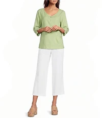 Ali Miles Linen-Blend Round Neck 3/4 Sleeve Top