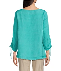 Ali Miles Linen Blend Solid Round Neck 3/4 Cinched Tie Sleeve Tunic