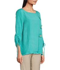 Ali Miles Linen Blend Solid Round Neck 3/4 Cinched Tie Sleeve Tunic