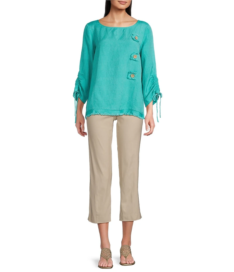 Ali Miles Linen Blend Solid Round Neck 3/4 Cinched Tie Sleeve Tunic