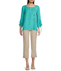 Ali Miles Linen Blend Solid Round Neck 3/4 Cinched Tie Sleeve Tunic