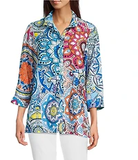 Ali Miles Medallion Print Wire Collar 3/4 Sleeves Button Front Tunic