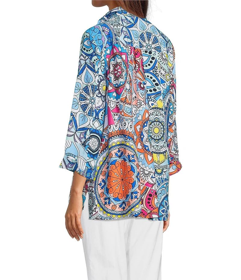 Ali Miles Medallion Print Wire Collar 3/4 Sleeves Button Front Tunic