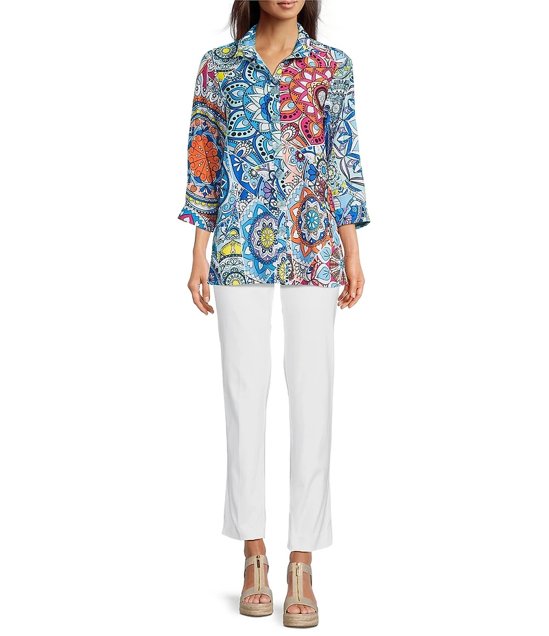 Ali Miles Medallion Print Wire Collar 3/4 Sleeves Button Front Tunic