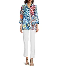 Ali Miles Medallion Print Wire Collar 3/4 Sleeves Button Front Tunic