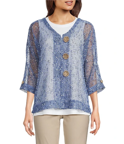 Ali Miles Mesh Woven V-Neck Elbow Sleeve Jacket