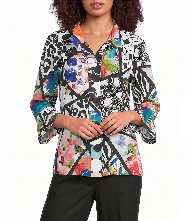 Ali Miles Multi Abstract Wire Collar 3/4 Sleeve Button Front Jacket