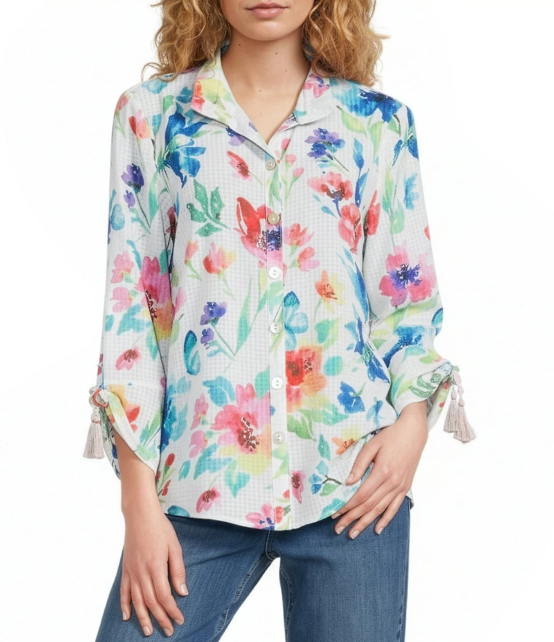 Ali Miles Multi Floral Wire Collar 3/4 Cinch Tassel Tie Sleeve Button Front Tunic