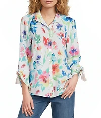 Ali Miles Multi Floral Wire Collar 3/4 Cinch Tassel Tie Sleeve Button Front Tunic