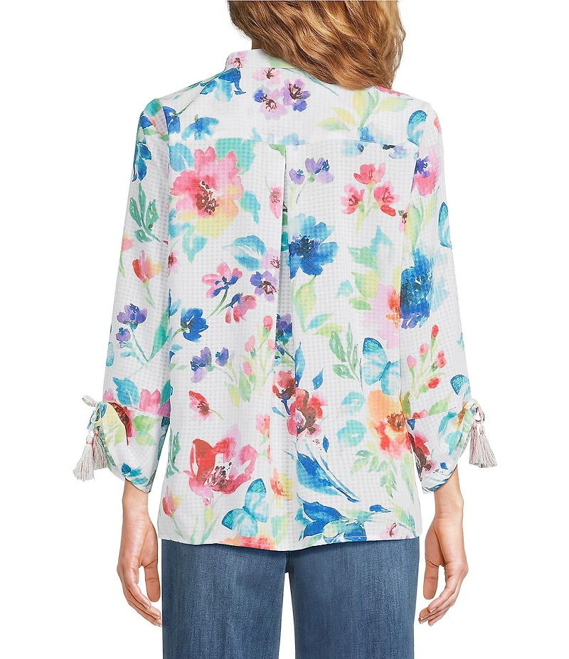 Ali Miles Multi Floral Wire Collar 3/4 Cinch Tassel Tie Sleeve Button Front Tunic